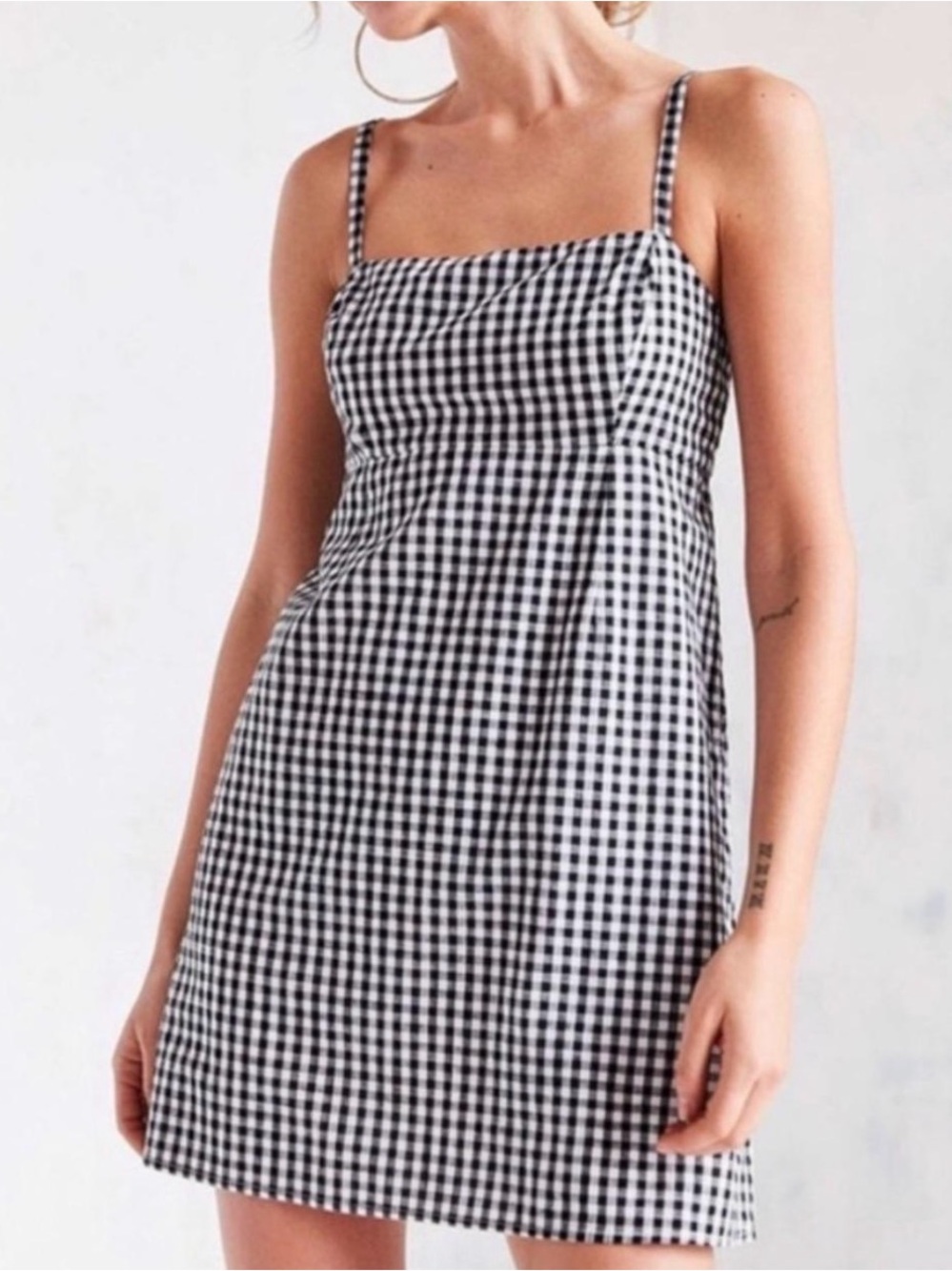 Gingham Square Neck Mini Dress - Black & White Urban Outfitters